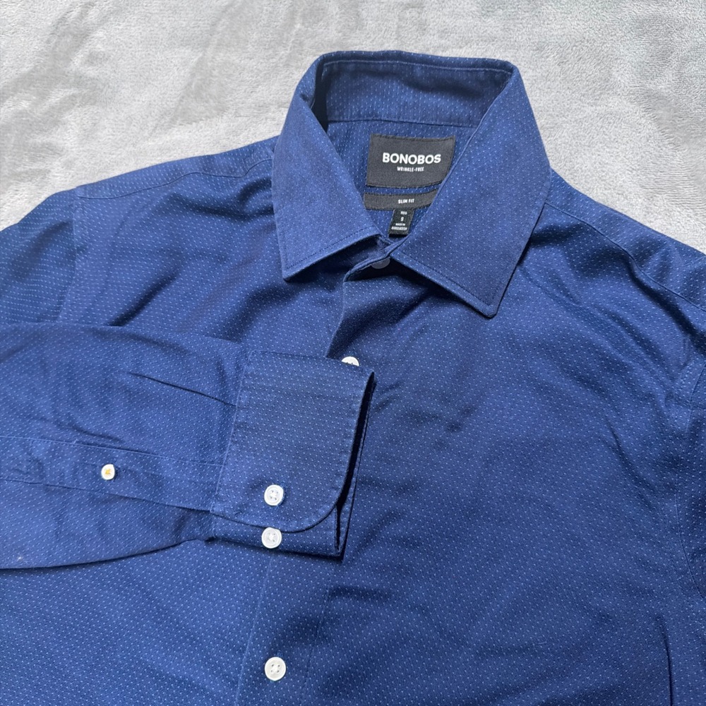 Bonobos Wrinkle-Free Slim Fit Dress Shirt Mens Small Blue Dotted Long Sleeve
